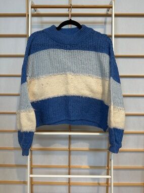 Topshop Blue, Light Blue & Cream Striped Crewneck Sweater